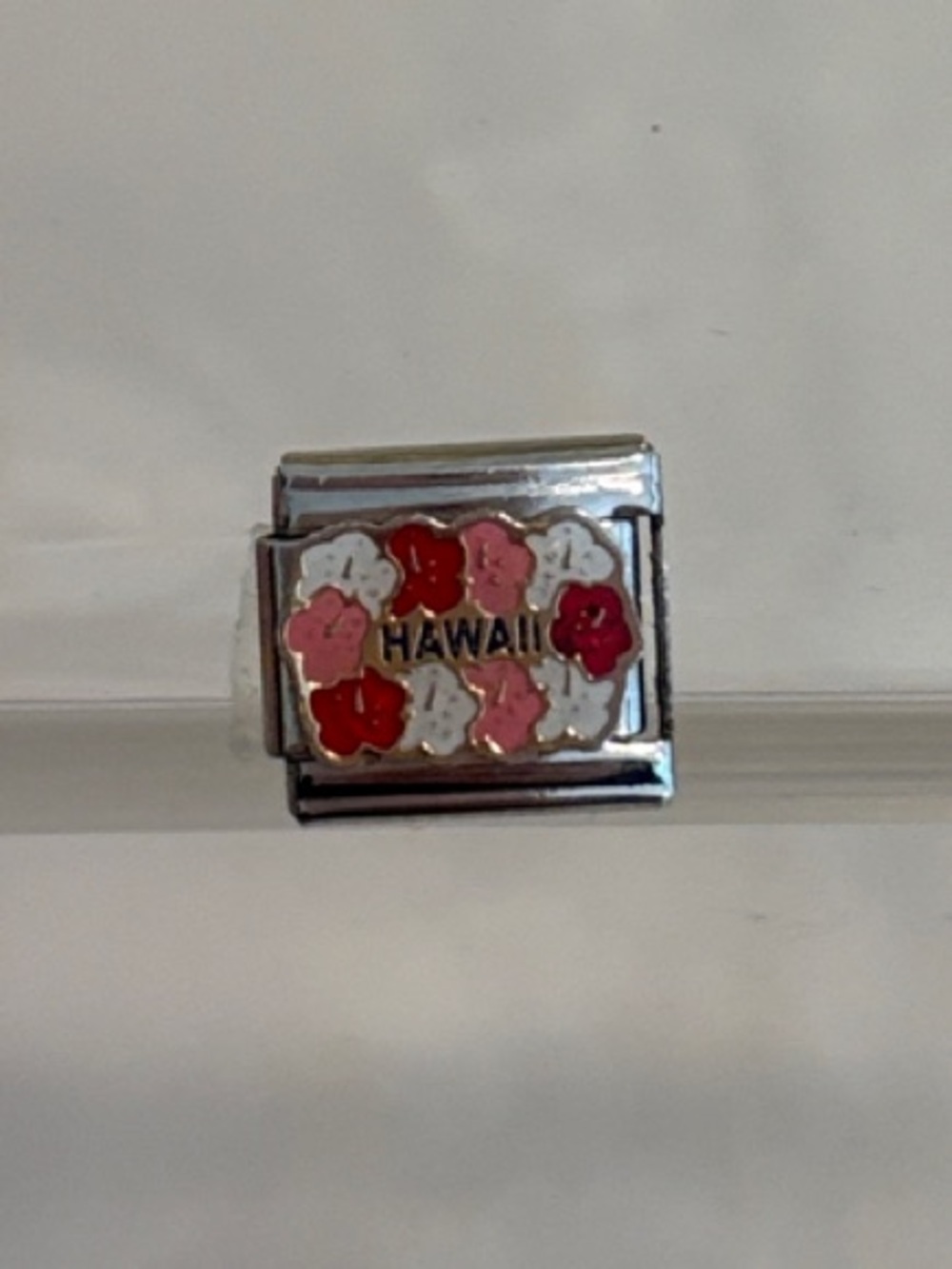 Hawaii Floral Italian Charm Link - Silver Tone with Red & Pink Flowers